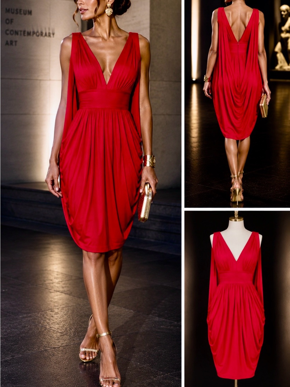 Trina Turk Red Draped V-Neck Midi Dress